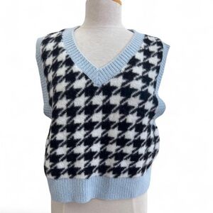 H&M Preppy Pastel Blue & Black Houndstooth Knit Vest size Large